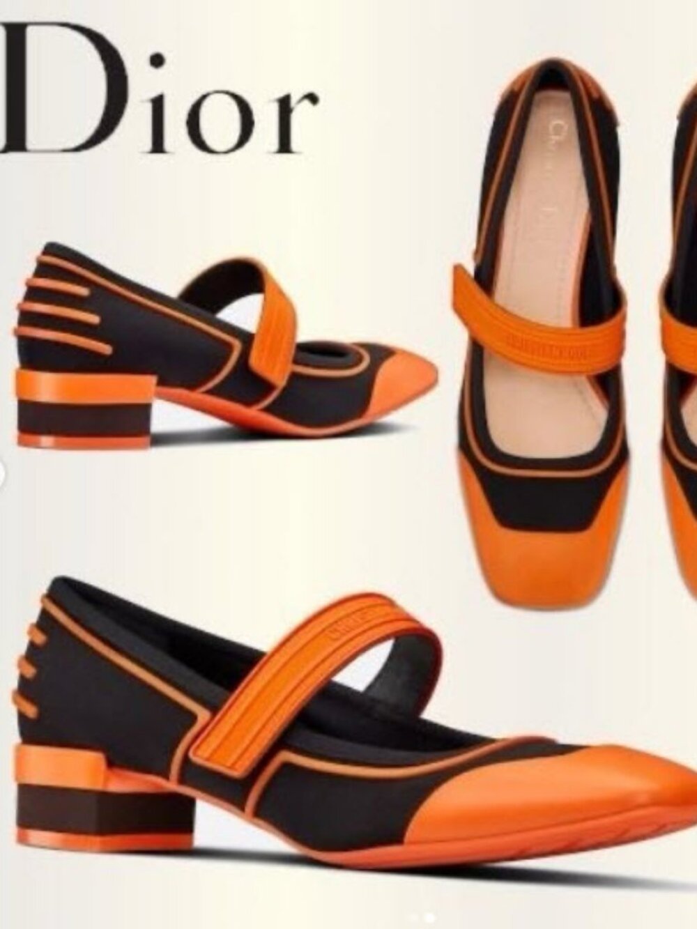 Womens Christian Dior Black Orange Block Heel Roller Mary Jane Pumps 37 US/7